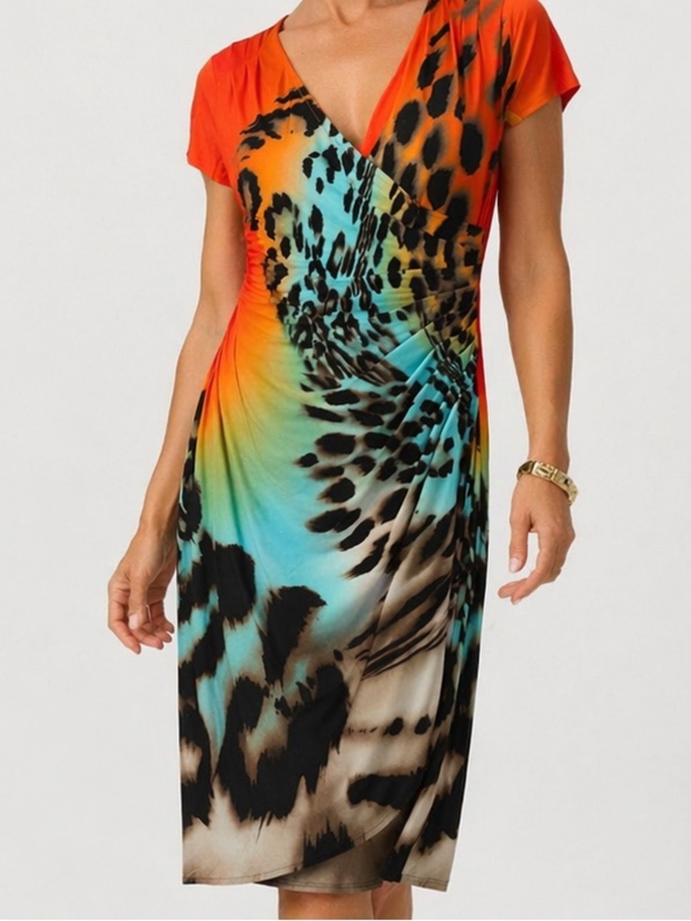 Frank Lyman Design Dress Size 10 Animal Print Ruched Faux Wrap Knee Length Midi - Picture 3 of 13